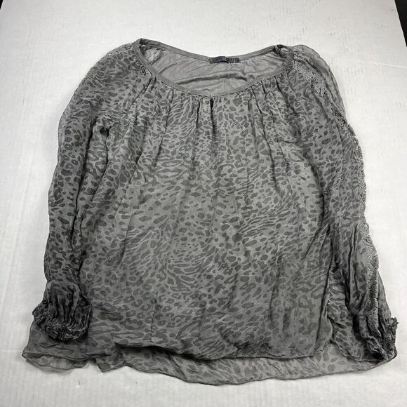Tempo Paris Tops - Tempo Paris Womens Silk Blend Peasant Blouse Gray Print Long Sleeve Top LARGE